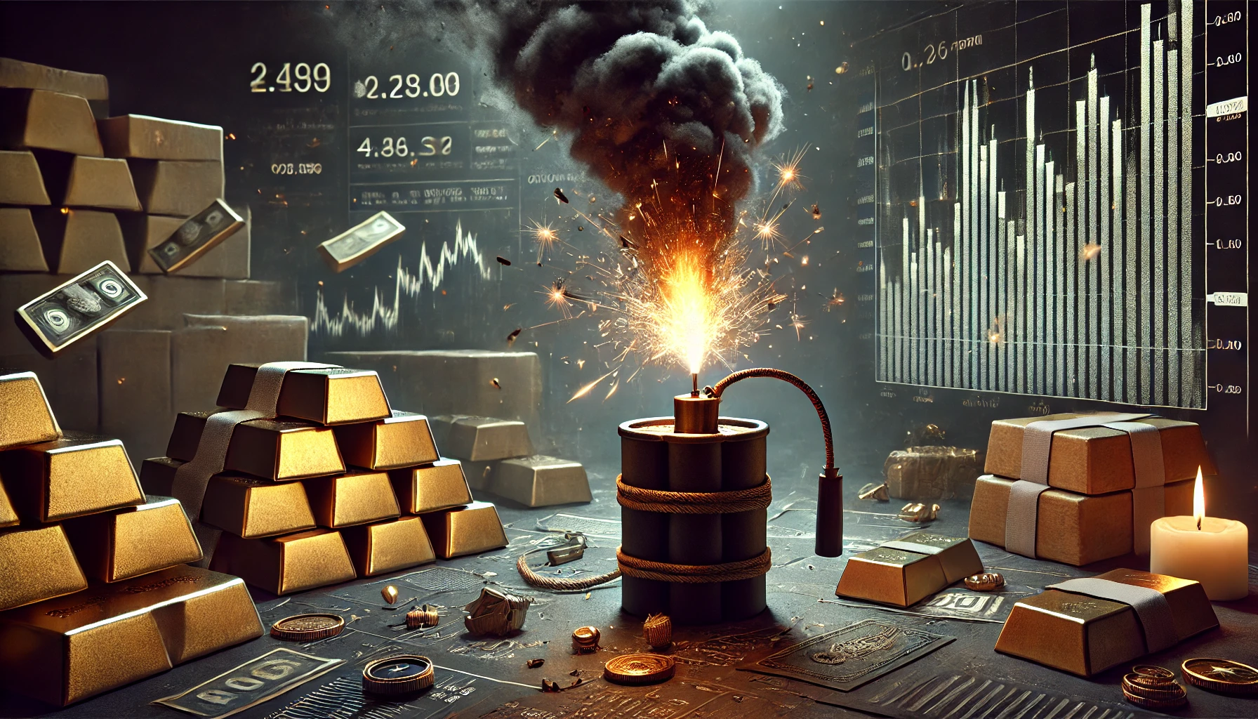 A tense scene of a lit fuse nearing a powder keg surrounded by stacks of gold bars and collapsing stock market charts, with dark smoke, flying sparks, and a sense of imminent explosion, cinematic, high-detail digital art, no text A tense scene of a lit fuse nearing a powder keg surrounded by stacks of gold bars and collapsing stock market charts, with dark smoke, flying sparks, and a sense of imminent explosion, cinematic, high-detail digital art, no text