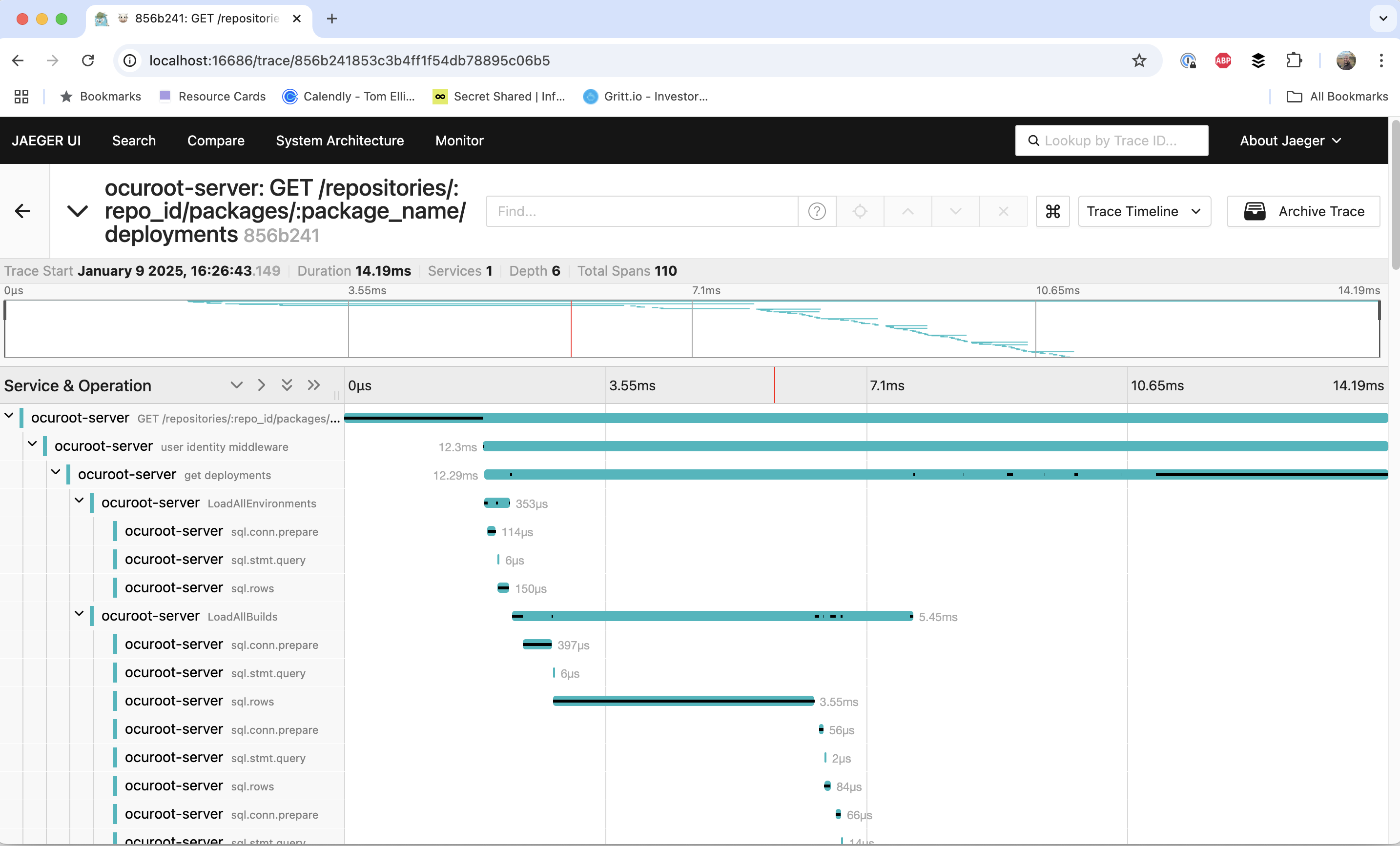 A screenshot of a trace from a Jaeger server under https://localhost:16686