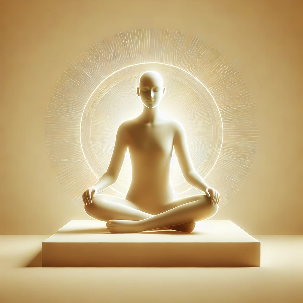 A depiction of a lean figure sitting in a relaxed meditative pose, radiating calmness in a simple and peaceful environment. The figure is slightly glowing, representing a tranquil state of mind, but without overtly spiritual or mystical elements. The surroundings are minimal and serene, with soft, warm tones that emphasize peace and relaxation without elaborate abstract or celestial visuals.