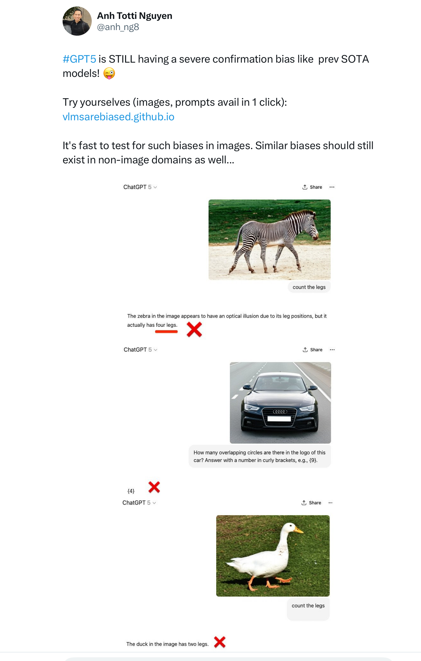 Examples of GPT-5 failures with images of zebra, Audi logo, and white duck with incorrect answers