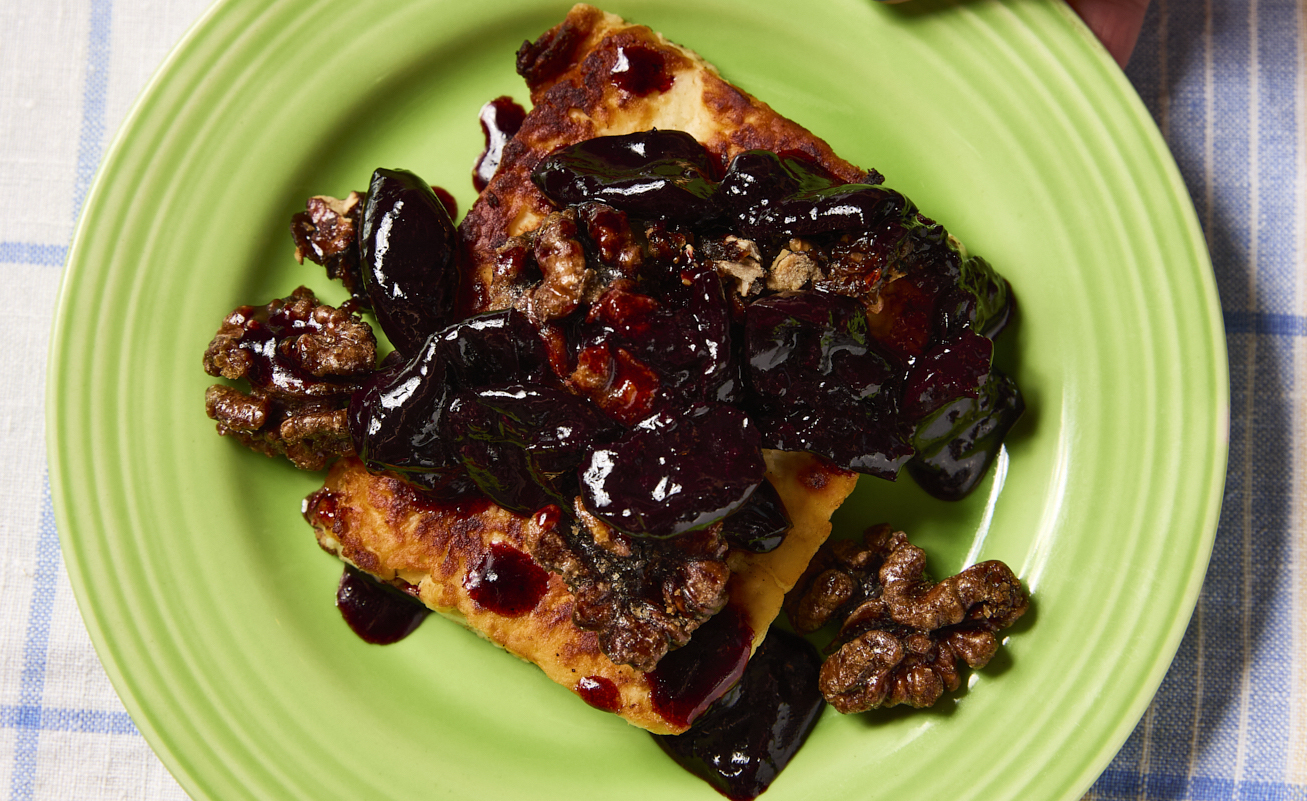 Grilled halloumi, cherries and candied walnuts