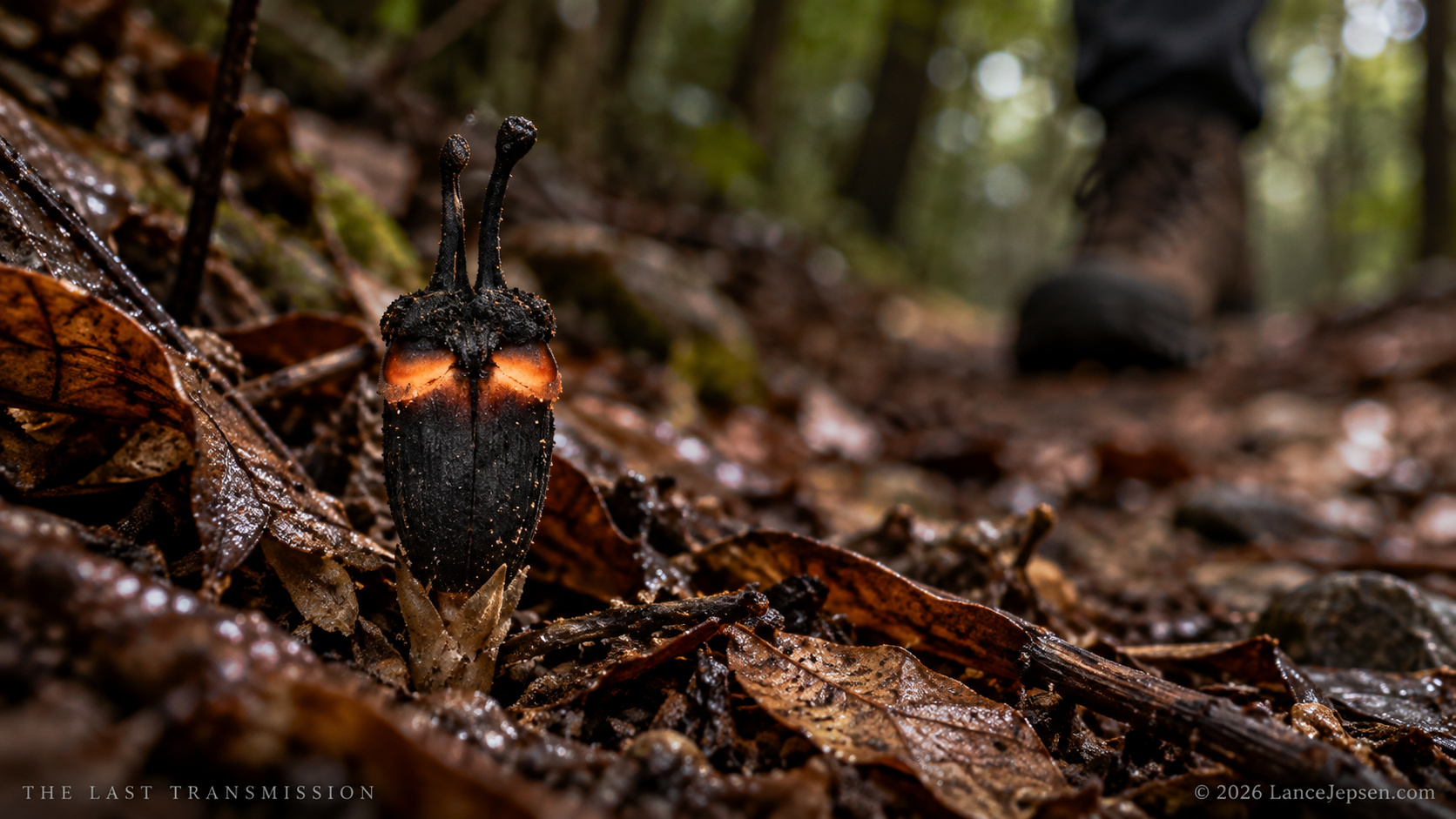 Small dark forest flower near a distant human boot in leaf litter