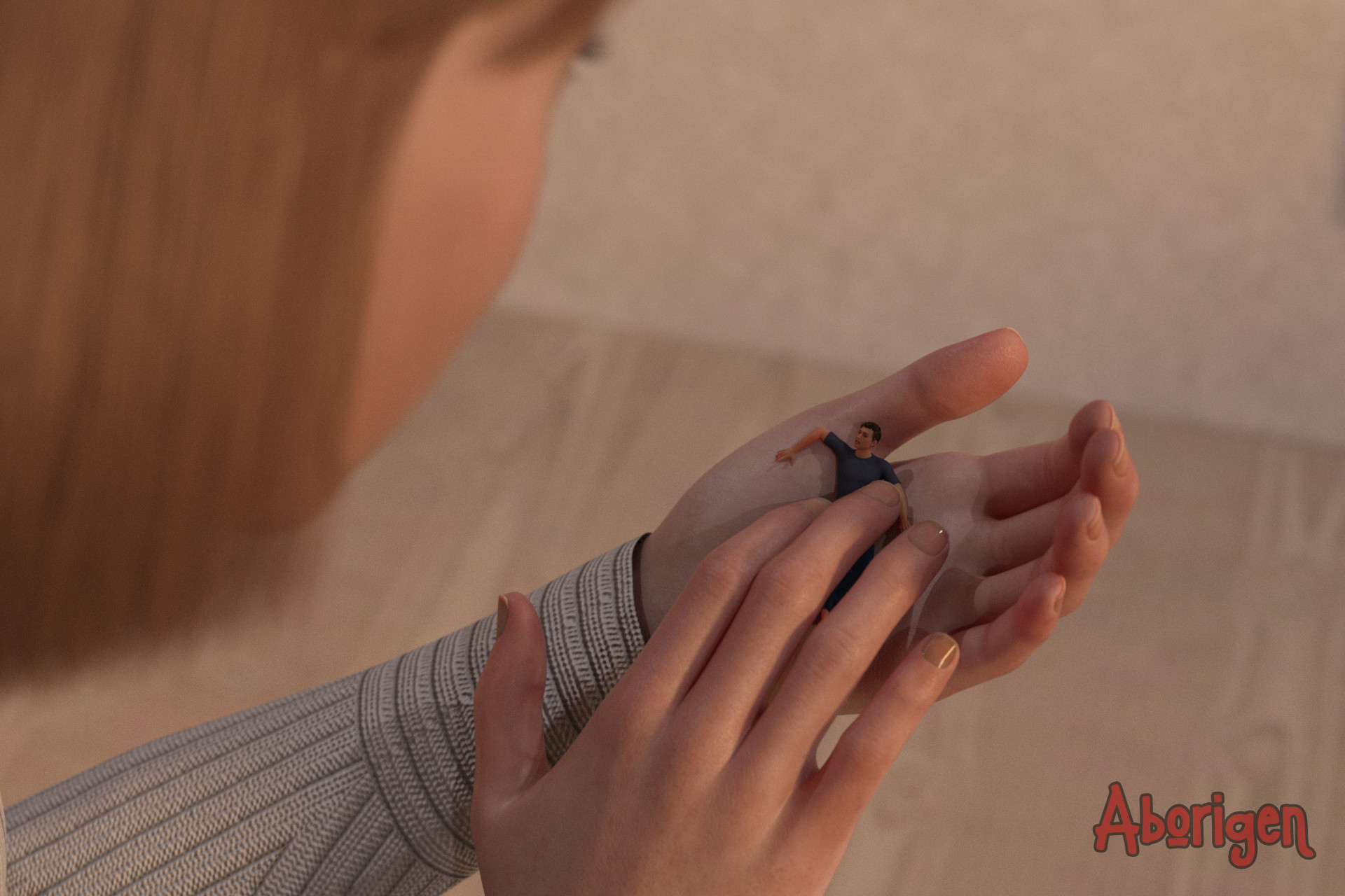 A young woman examines a tiny man in the palm of her hand.