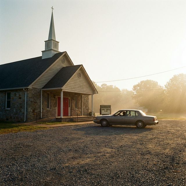A single car parked outside a small church on a misty Sunday morning, golden light, cinematic documentary photography