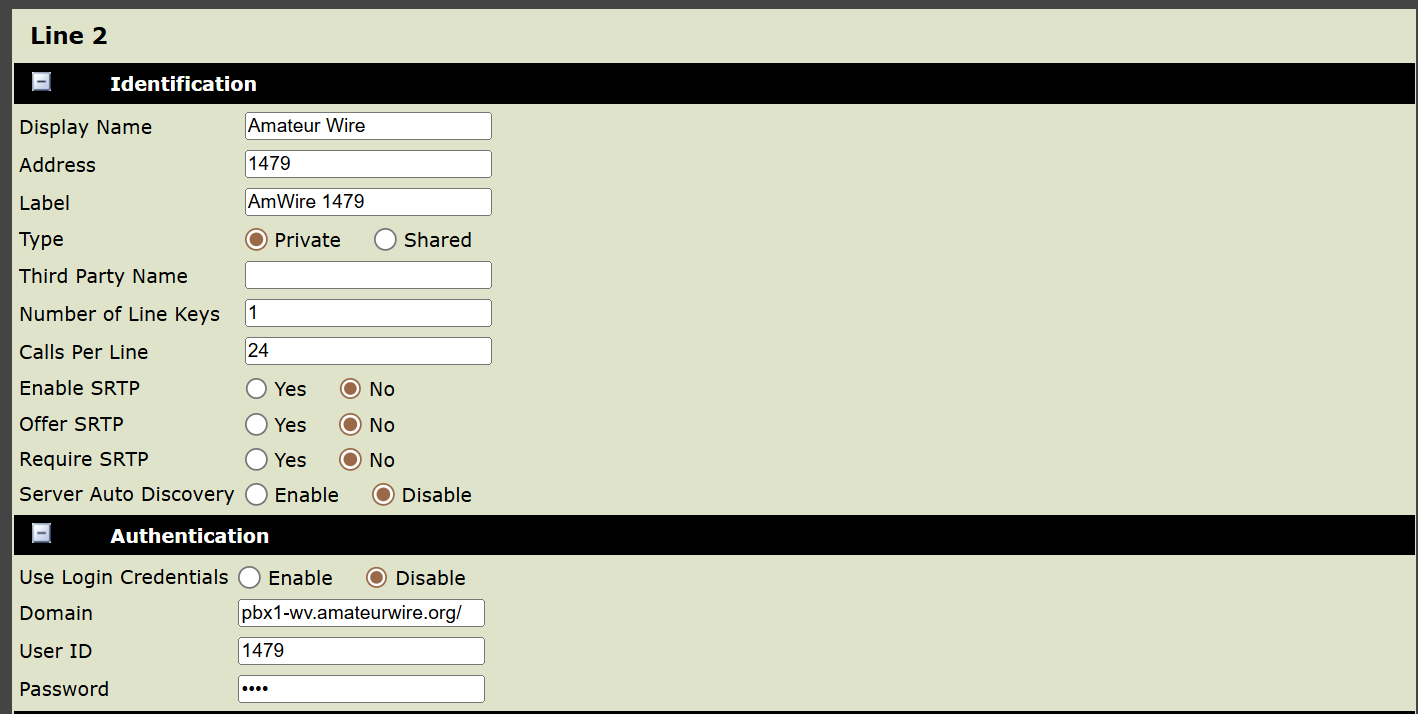 Second part of the Line 2 configuration screen