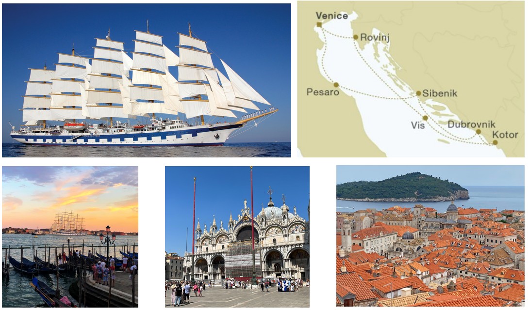 Royal Clipper met routekaart en bestemmingen