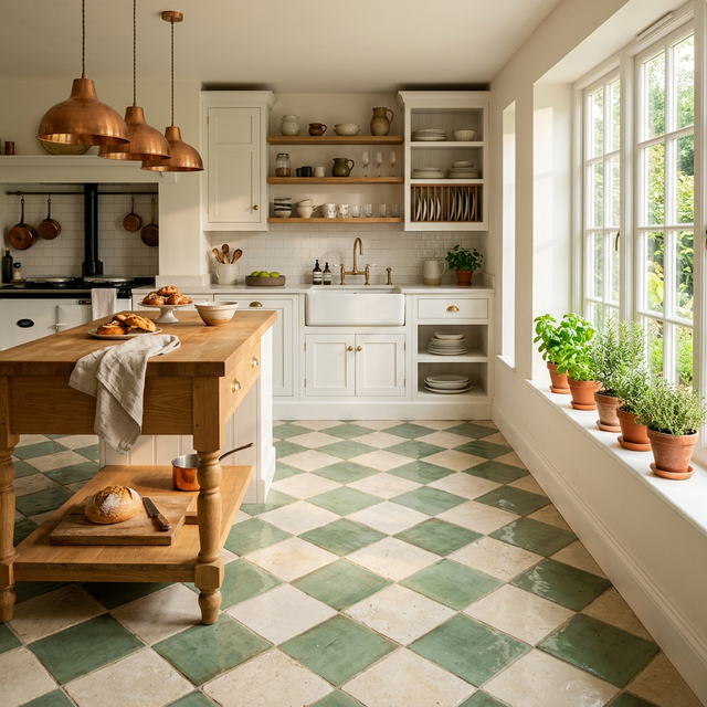 Bright airy kitchen with sage-green glazed Moroccan zellige and creamy limestone checkerboard floor, white cabinetry, butcher block island, copper pendant lights, herbs on windowsill