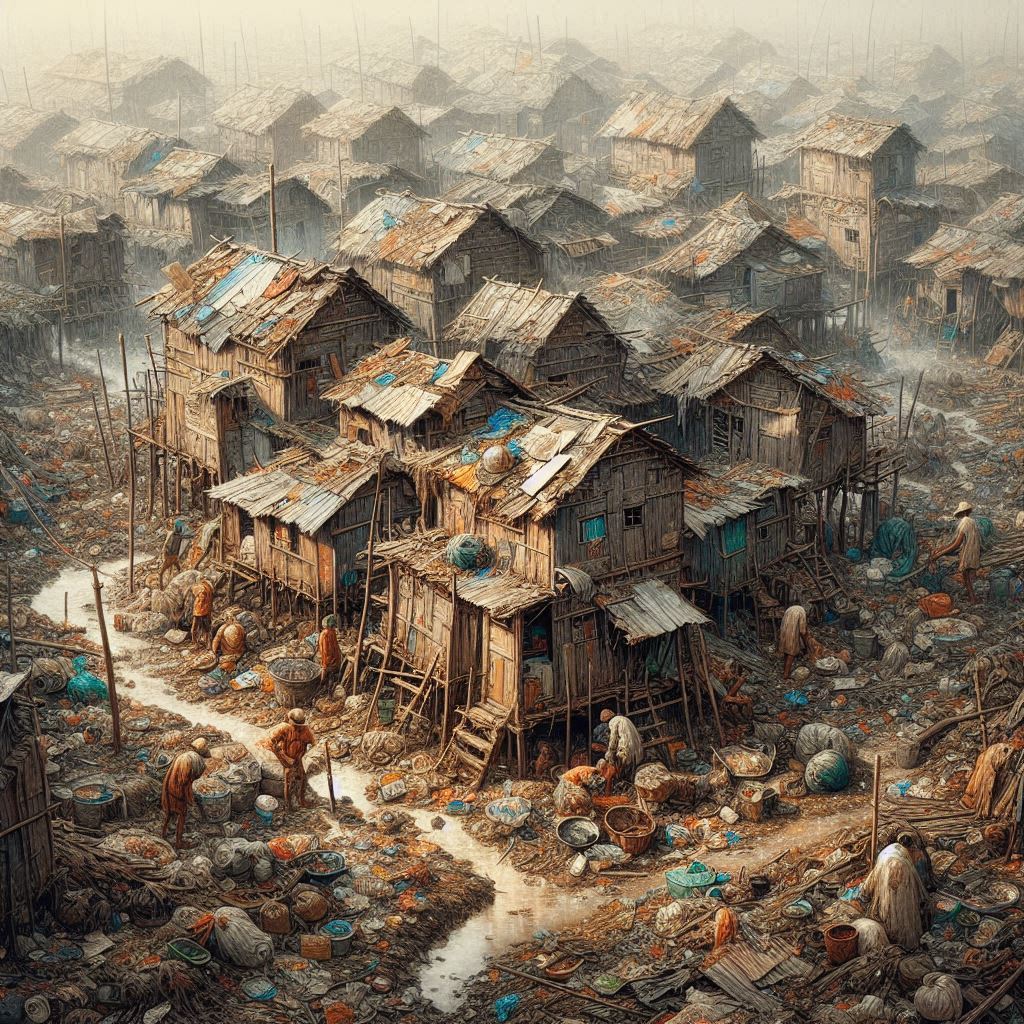 A chaotic scene of small one-storied, one-roomed huts with no artificial floor, surrounded by residue and offal. A chaotic scene of small one-storied, one-roomed huts with no artificial floor, surrounded by residue and offal.