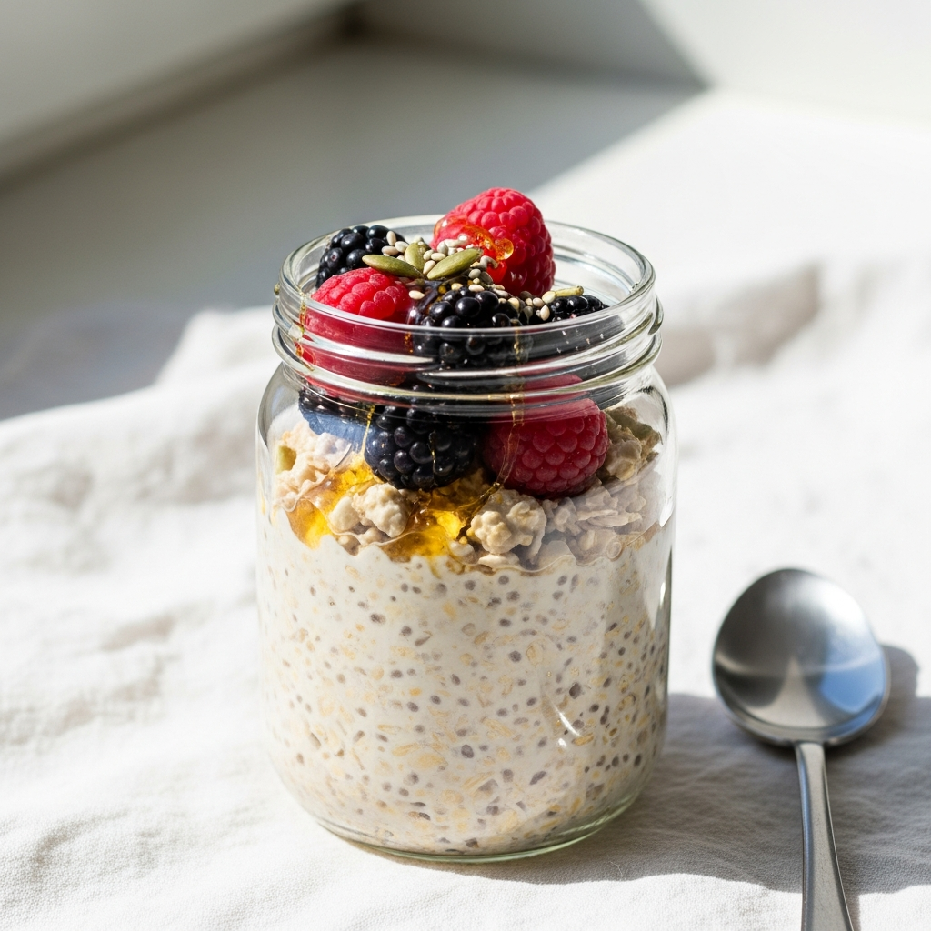 Light and airy close-up of a glass jar filled with overnight oats topped with fresh berries, a drizzle of honey, and a sprinkle of seeds, on a white linen cloth, bright natural daylight from the side, soft shadows