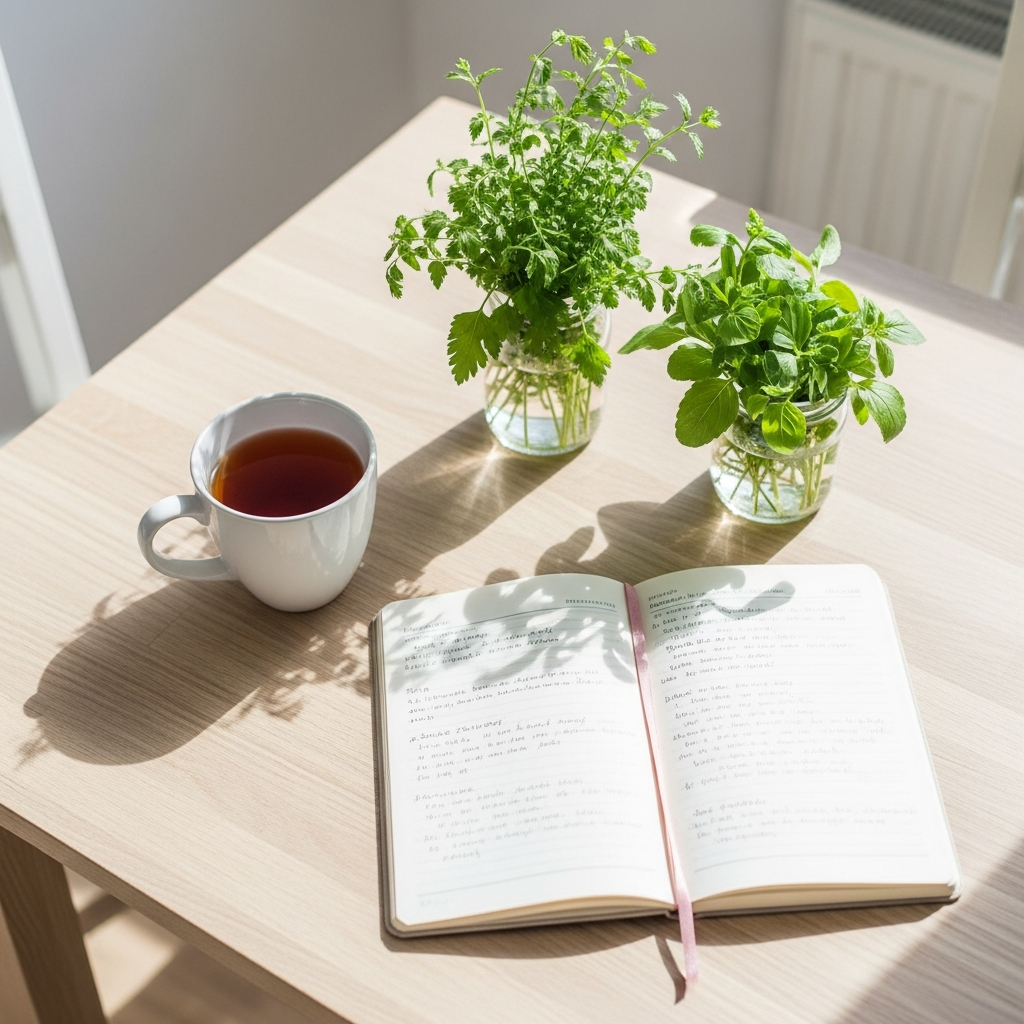 Bright photograph of a light wood kitchen table with a white ceramic mug of tea, an open notebook with handwritten notes, and a small bunch of fresh herbs in a glass jar, shot in bright natural daylight from above