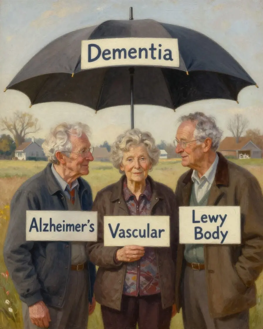 A warm, nostalgic painting in the style of Norman Rockwell and Grant Wood. A large, sturdy umbrella labeled ‘Dementia’ arches overhead like a protective canopy. Beneath it, three seniors stand grouped together, each with a hand‑painted label: ‘Alzheimer’s,’ ‘Vascular,’ and ‘Lewy Body.’