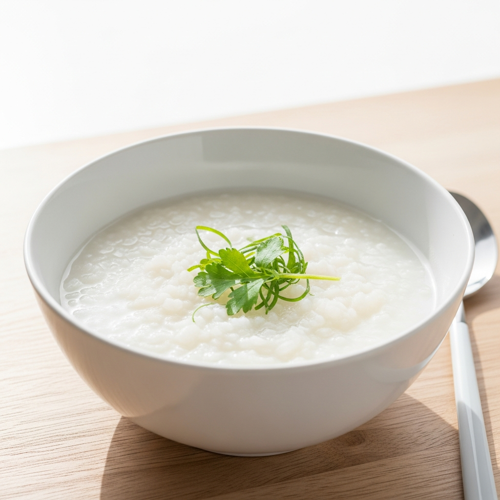 Bright photograph of a white ceramic bowl of smooth rice congee on a light wood surface, garnished with a few soft herbs, in bright natural daylight