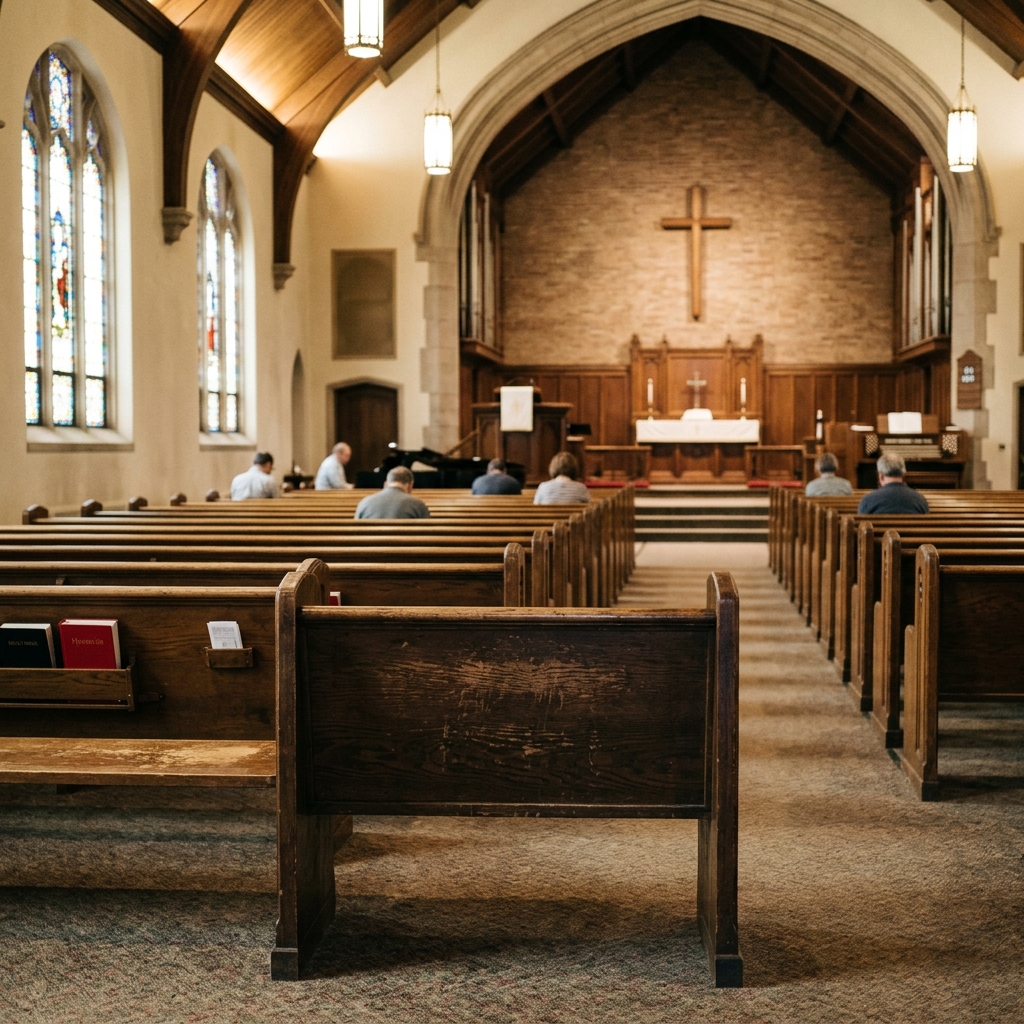 View from the back row of a church sanctuary looking forward toward the pulpit with empty seats around
