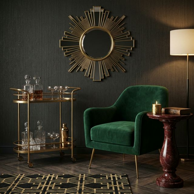 Neo Deco corner vignette with brass bar cart, emerald velvet armchair, sunburst mirror, and oxblood marble table