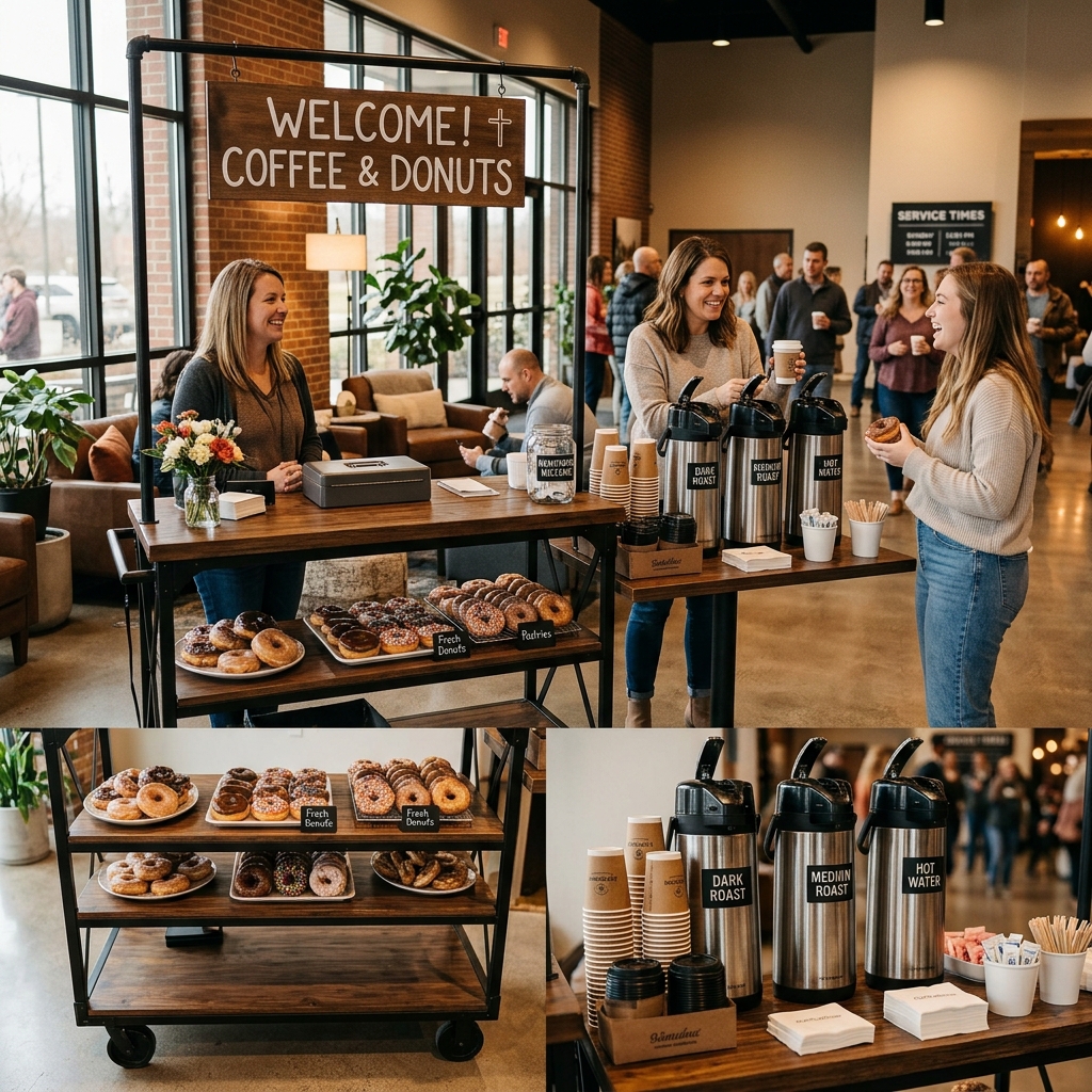 A welcoming coffee counter and donut station set up in a modern church foyer with warm lighting