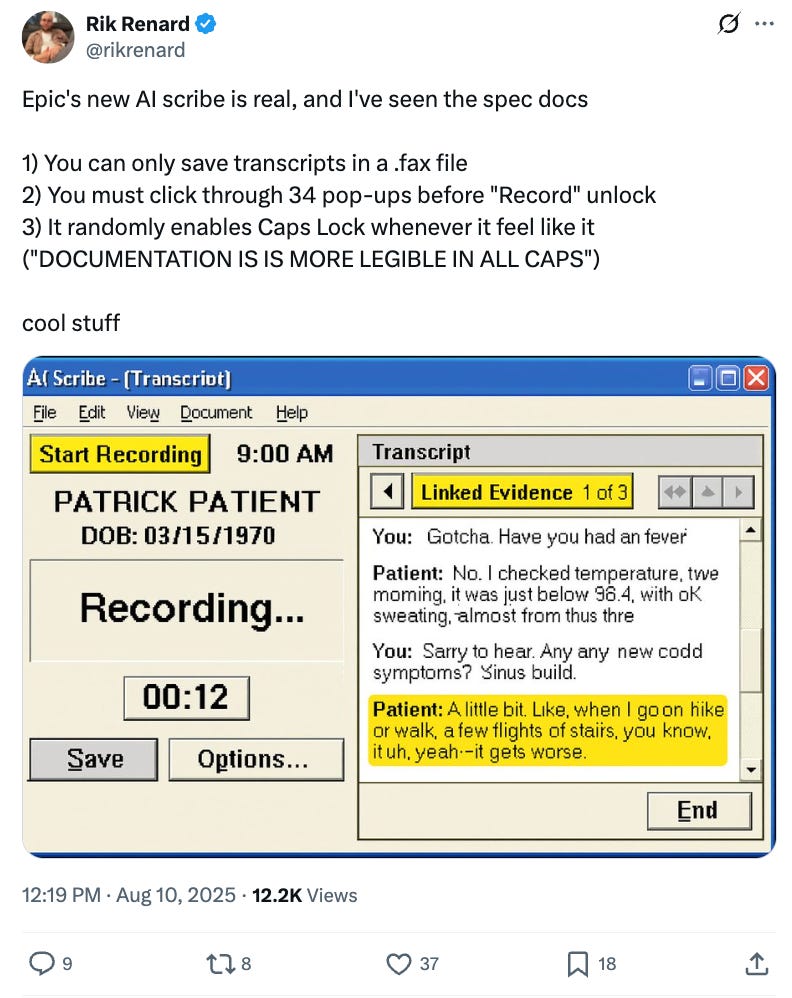Satirical social media post mocking a cluttered, outdated medical AI scribe interface from Epic Systems.