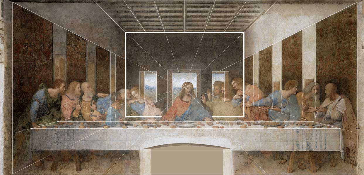 Leonardo's Last Supper overlaid with lines showing perspective converging on Jesus