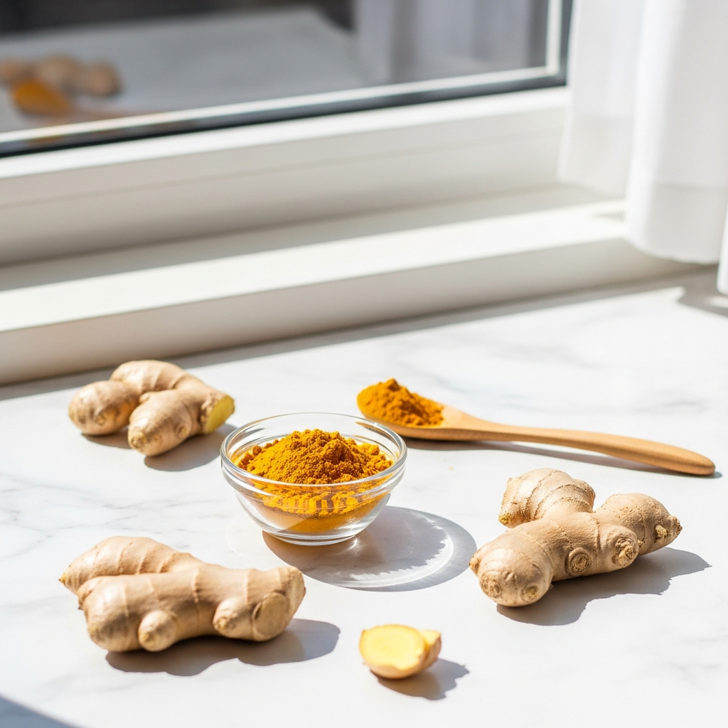 Light and airy close-up of a white marble surface with a small glass bowl of turmeric powder, a wooden spoon, and scattered fresh ginger root, flooded with bright natural daylight from a nearby window