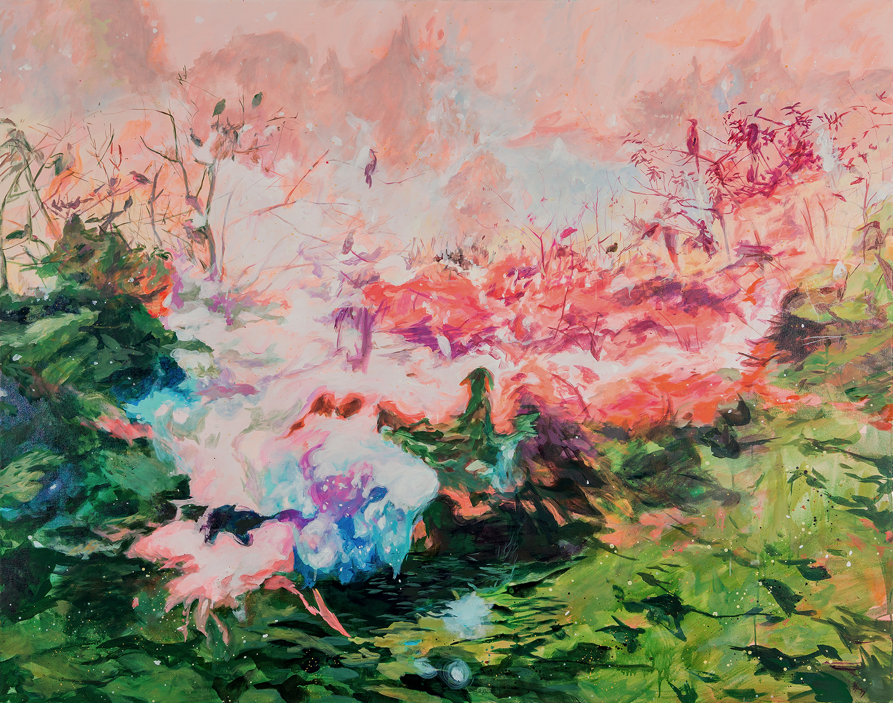 A large landscape in pinks, corals, and mossy greens: a flood of pink engulfs the greener foreground. There are some spindly branches in the midground.