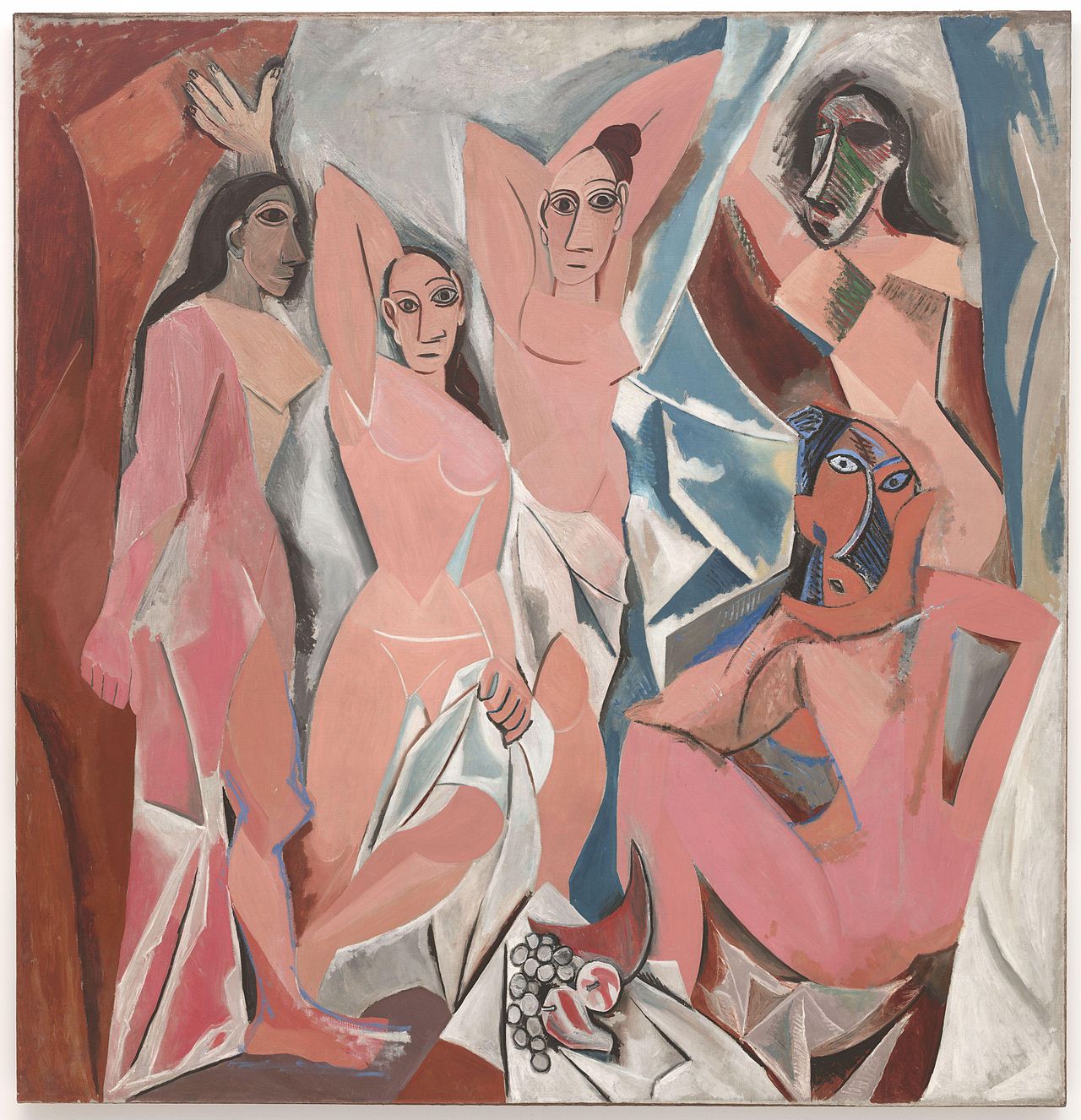 The image depicts a painting of five women in a cubist style, characterized by fragmented and abstracted forms. The women are nude or partially draped, with angular bodies and simplified facial features, some having exaggerated eyes and distorted shapes. The color palette includes soft pinks, blues, browns, and whites, with bold outlines and overlapping geometric planes creating a dynamic, multifaceted composition. A small cluster of fruit is visible in the lower center, adding a still-life element to the scene.