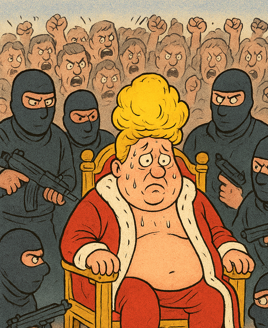 A cartoon of a person sitting in a chair surrounded by black masks
AI-generated content may be incorrect.