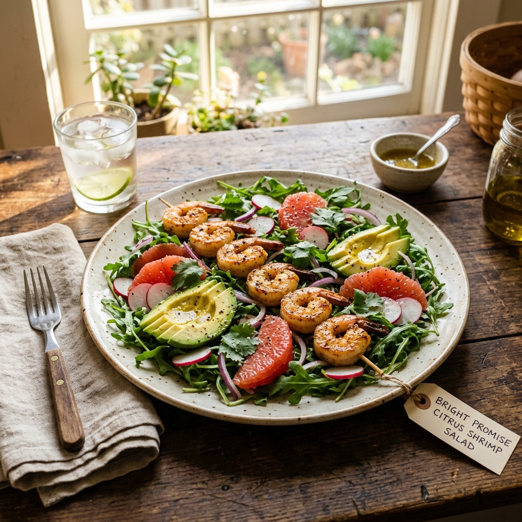 A realistic, high-quality photograph of the finished Bright Promise Citrus Shrimp Salad on a large, shallow ceramic platter. The platter is set on a rustic wooden farmhouse table next to a glass of cold water and a linen napkin. Warm, natural afternoon sunlight streams in from a nearby kitchen window, creating soft shadows. The salad is vibrant, with pink grapefruit segments, green avocado slices, thin red radishes, and plump, golden-seared shrimp nested on a bed of fresh arugula.
