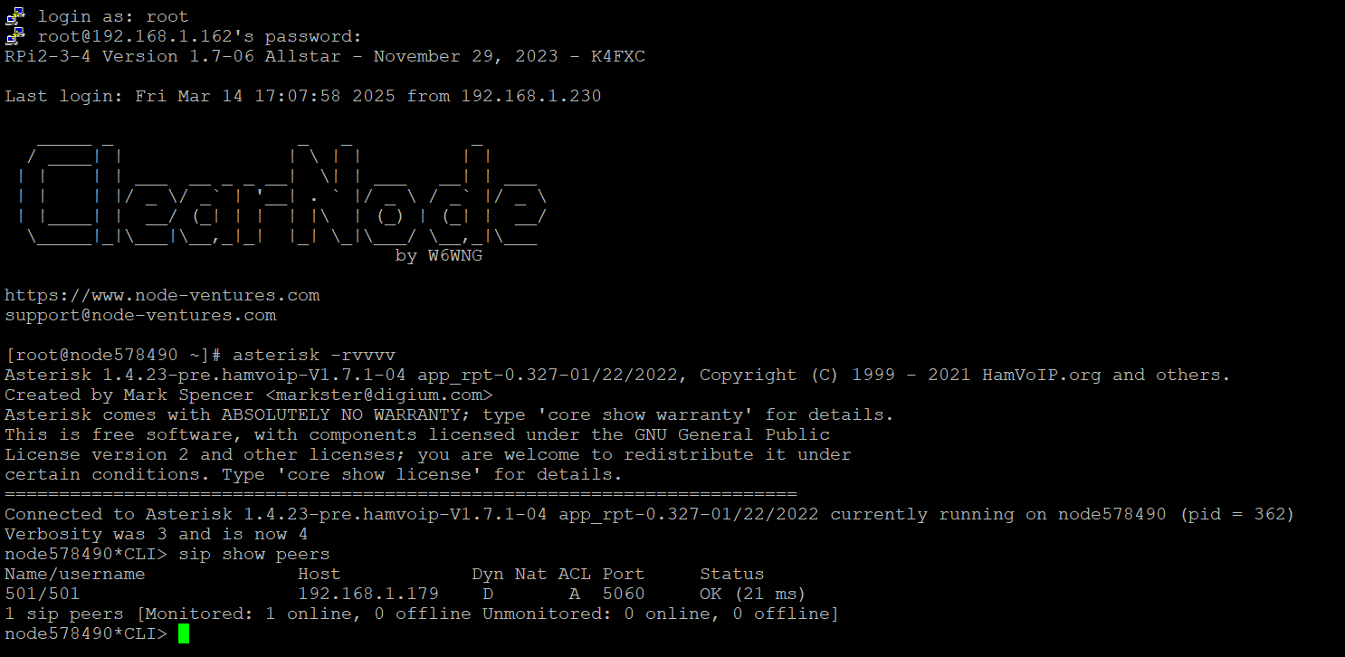 “sip show peers” shows the connection to my SIP phone
