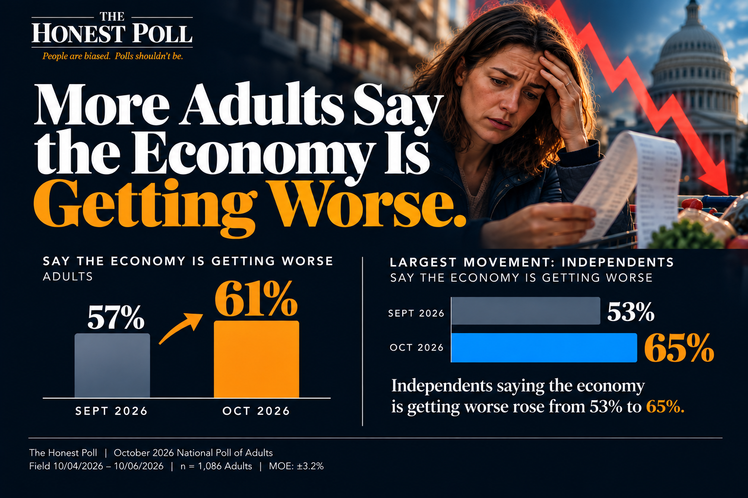 More Adults Say the Economy Is Getting Worse, 61% Against 57% in September, With Independents and Republicans Moving the Most