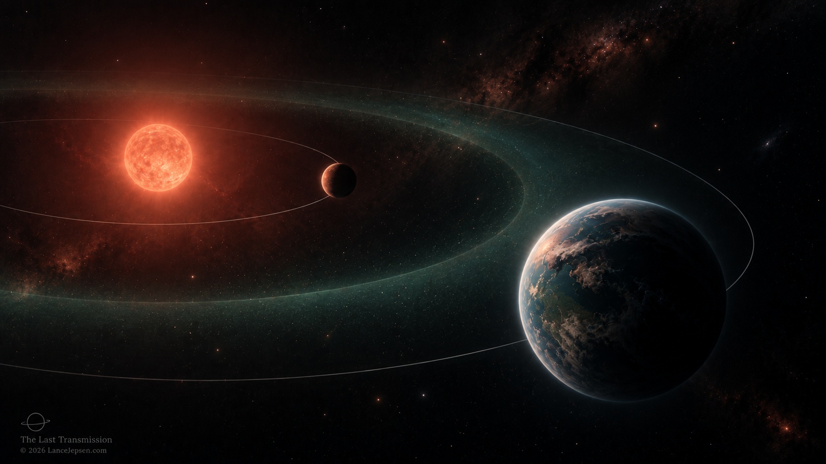 Conceptual LHS 1140 system with planets b and c orbiting a red dwarf