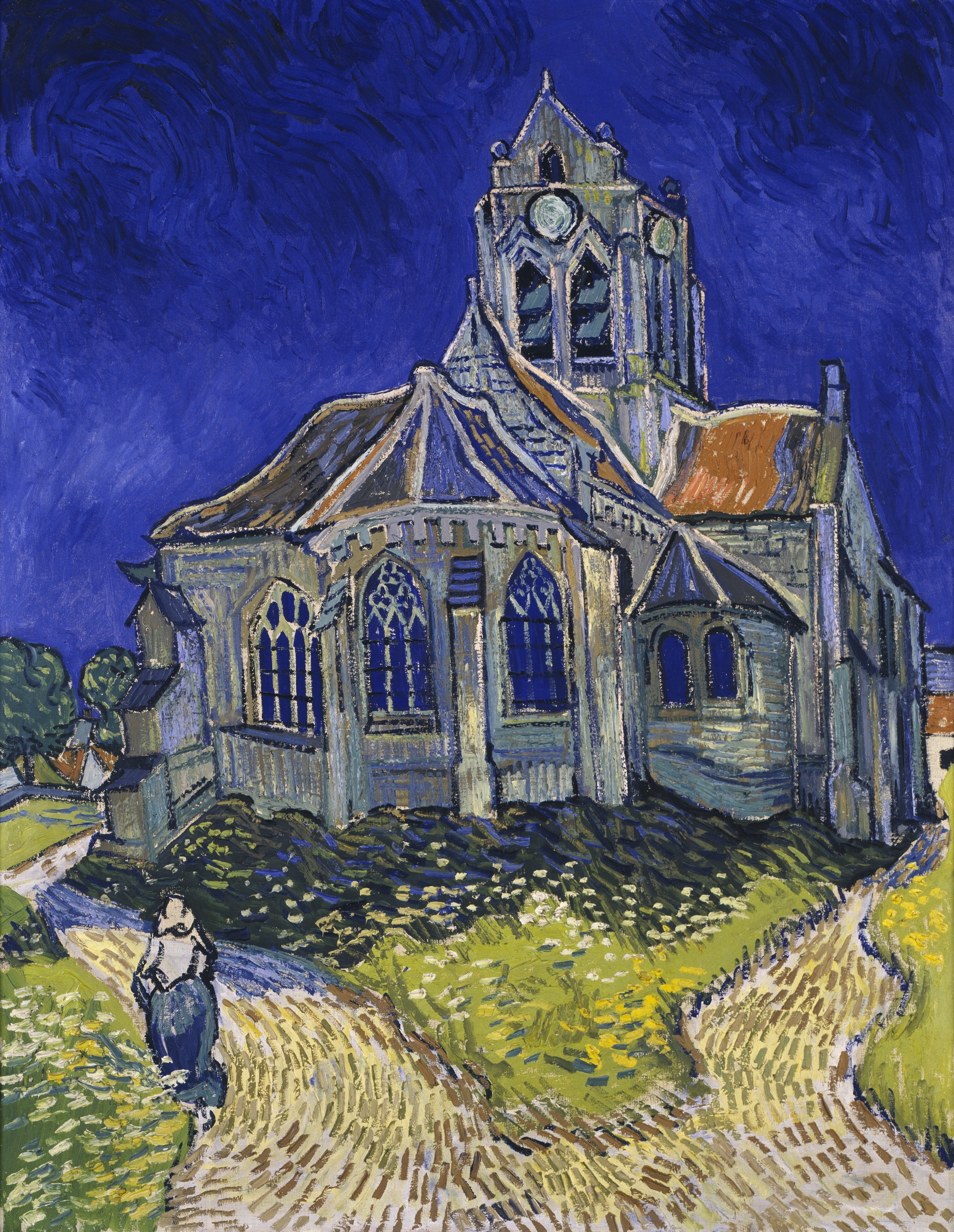 Van Gogh's The Church at Auvers beneath a deep blue sky