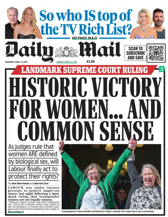 Daily Mail front page HISTORIC VICTORY FOR WOMEN...AND COMMON SENSE