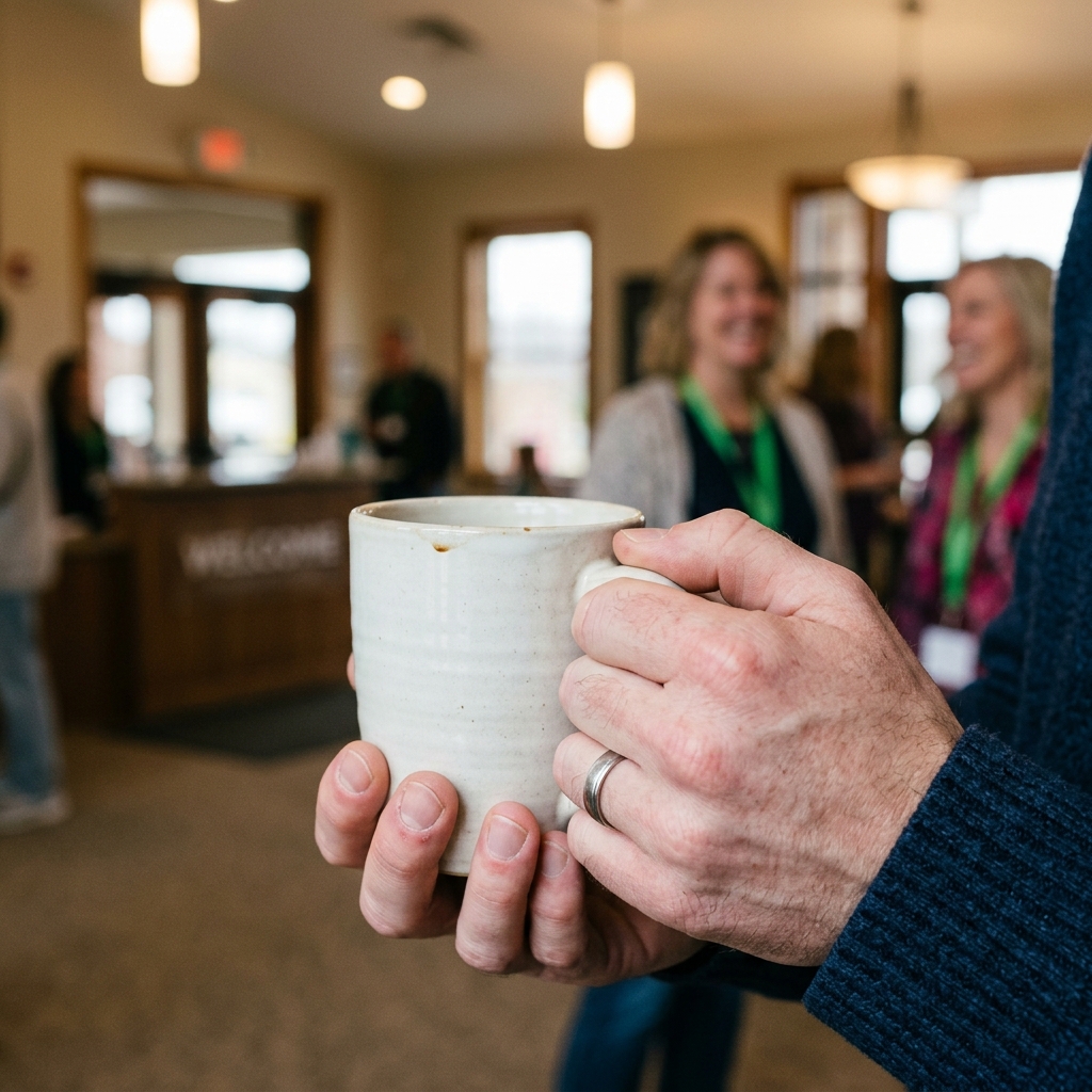Close up of nervous hands gripping a coffee cup in a church lobby with blurry greeters in background