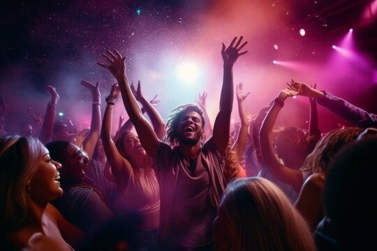 Club party people dance on the dance floor in the rays of light