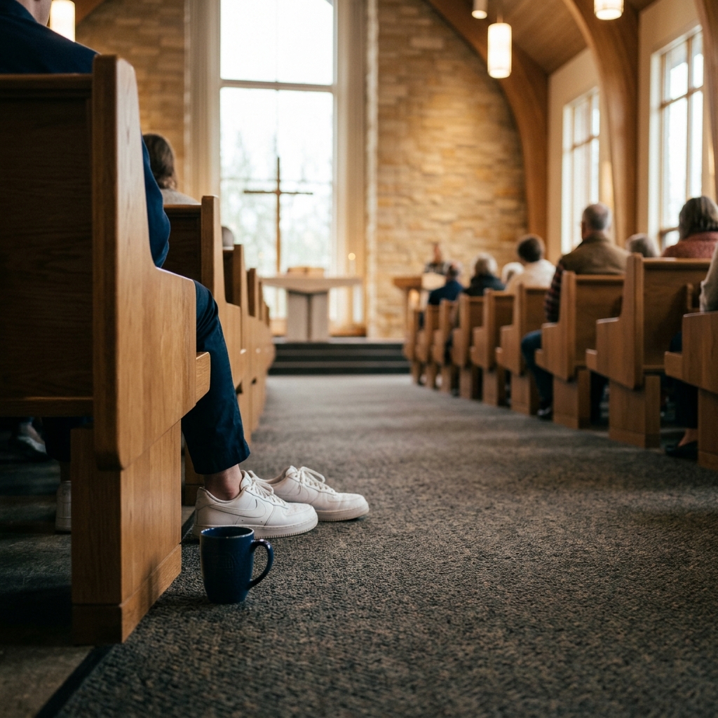 Coffee cup on the floor next to sneakers in a church