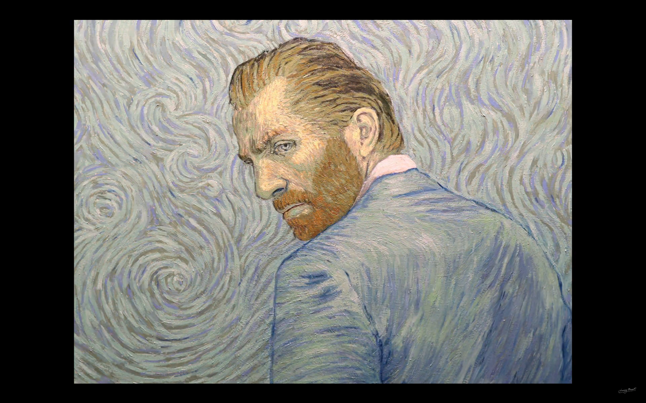 Painted animated portrait of Van Gogh against swirling brushstrokes from Loving Vincent
