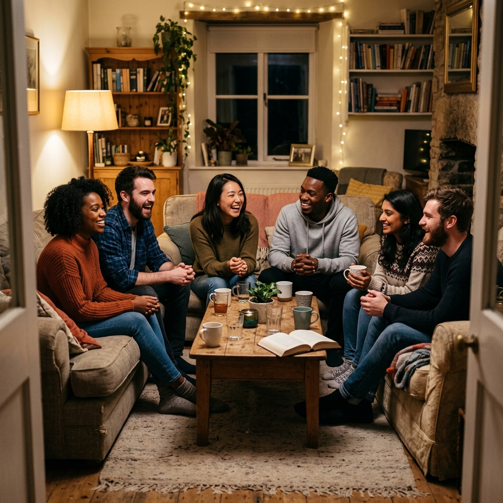 A diverse group of young adults sitting in a circle on couches