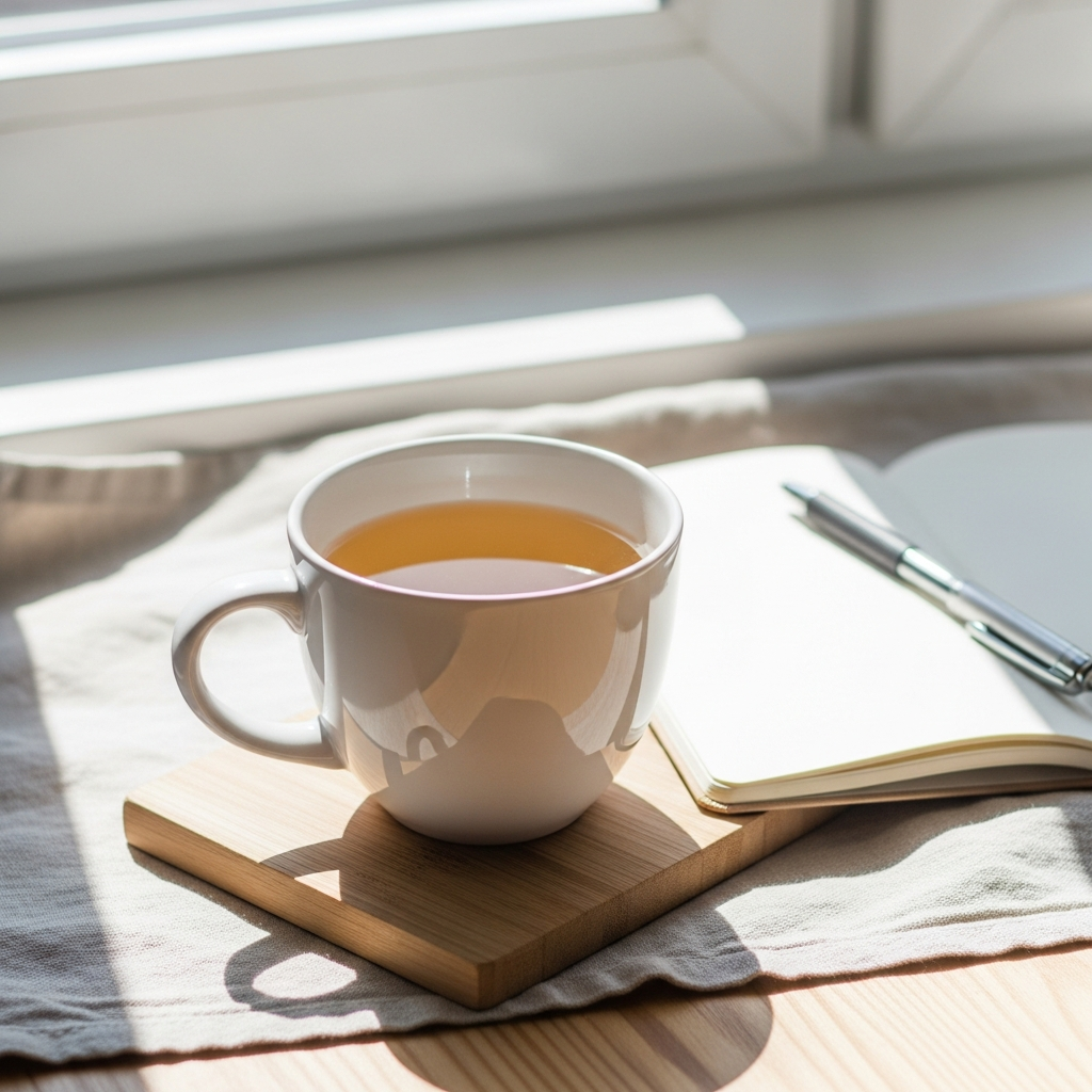 Bright photograph of a white ceramic mug of clear herbal tea on a light wood surface beside a small open notebook and pen, sunlit from a nearby window, cream linen underneath