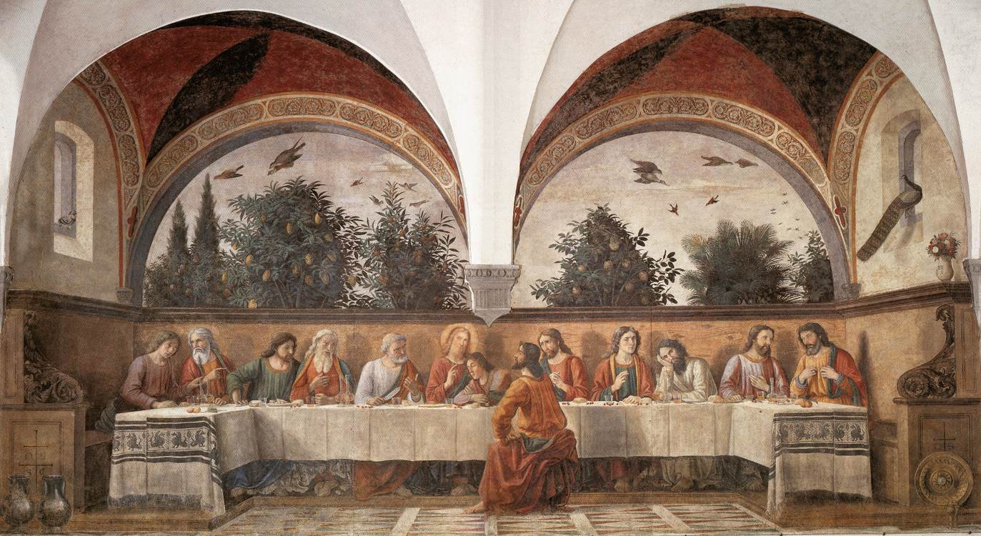 Earlier Last Supper painting with Jesus and apostles beneath painted arches