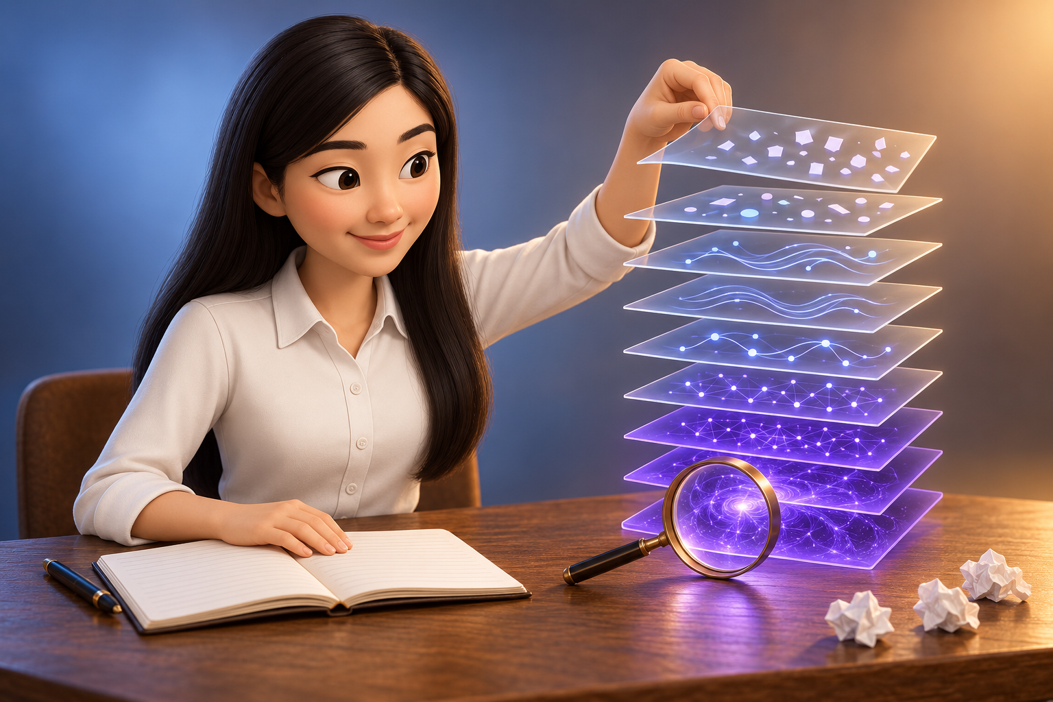 Pixar-style 3D illustration of Jenny Ouyang from Build to Launch, lifting a sheet off a floating stack of nine glass layers while a magnifying lens glows over the deep purple bottom layer and her hand rests on a notebook of source notes, showing AI flavor sorted from surface words down to lost reasoning.