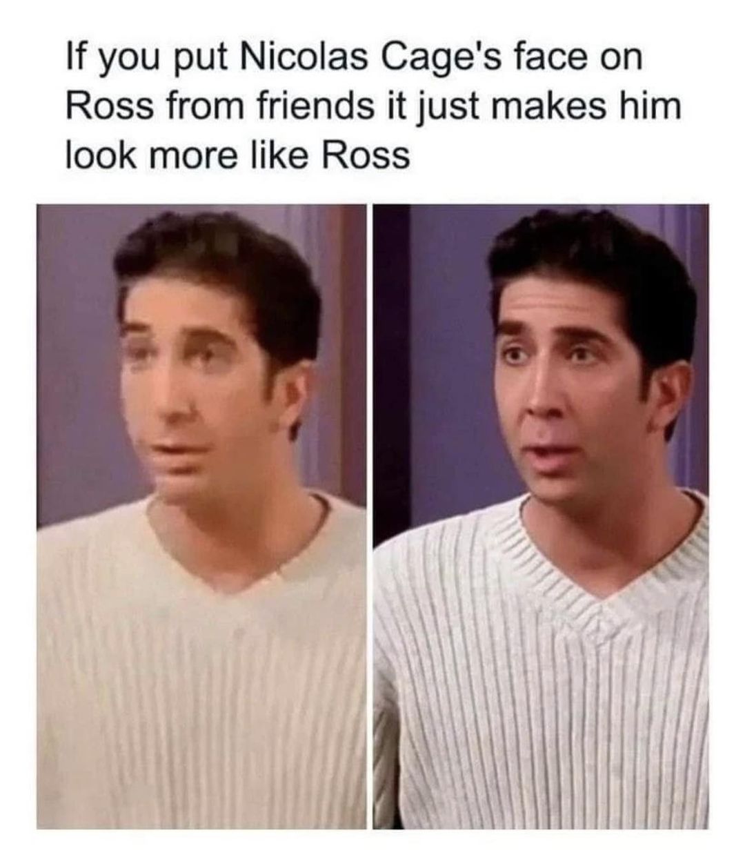 可能是 2 個人和顯示的文字是「 If you put Nicolas Cage&rsquo;s face on Ross from friends it just makes him look more like Ross 」的圖像