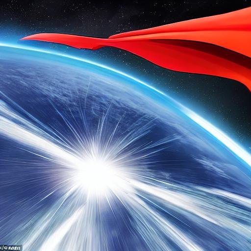 Earth as seen from space, with the corner of Superman's cape in the foreground and a blast of white light exploding in strands across the blue orb of earth.