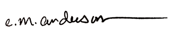 "e.m. anderson" in black cursive, all small letters, with a long line trailing off the N