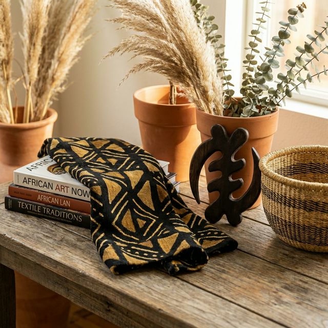 Close-up of Afrohemian decor details: Malian mudcloth in black and gold geometric patterns, carved wooden Adinkra symbol, hand-woven Bolga basket, terracotta pottery, African art books on weathered wood surface
