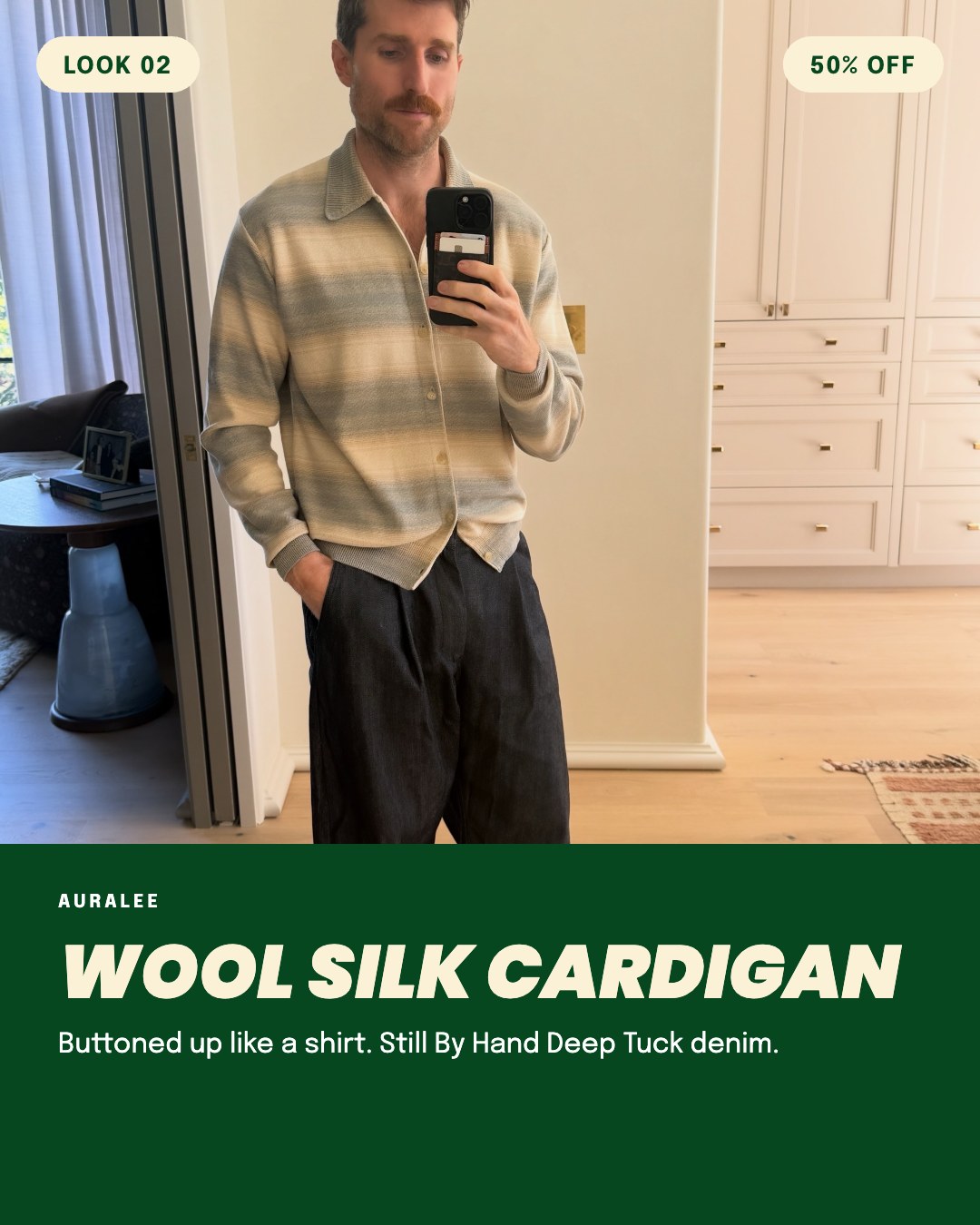 Look 02: Auralee Wool Silk Cardigan with Still By Hand Deep Tuck denim