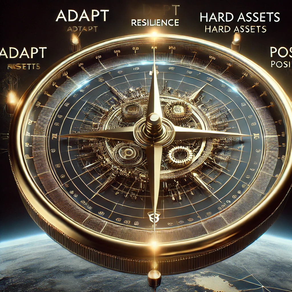 A sleek, futuristic conceptual image of wealth transfer, combining old-world gold craftsmanship with cutting-edge AI aesthetics. The image should feature glowing engravings of the words 'Adapt' at the North, 'Resilience' at the South, 'Hard Assets' at the East, and 'Positioning' at the West, subtly etched where traditional compass directions (N/S/E/W) would be. The design should float above a dark void, emphasizing the contrast between those navigating the wealth shift and those lost in uncertainty. The image should be slightly tilted to convey motion and adaptation, illustrating the idea of a shifting world. A sleek, futuristic conceptual image of wealth transfer, combining old-world gold craftsmanship with cutting-edge AI aesthetics. The image should feature glowing engravings of the words 'Adapt' at the North, 'Resilience' at the South, 'Hard Assets' at the East, and 'Positioning' at the West, subtly etched where traditional compass directions (N/S/E/W) would be. The design should float above a dark void, emphasizing the contrast between those navigating the wealth shift and those lost in uncertainty. The image should be slightly tilted to convey motion and adaptation, illustrating the idea of a shifting world.