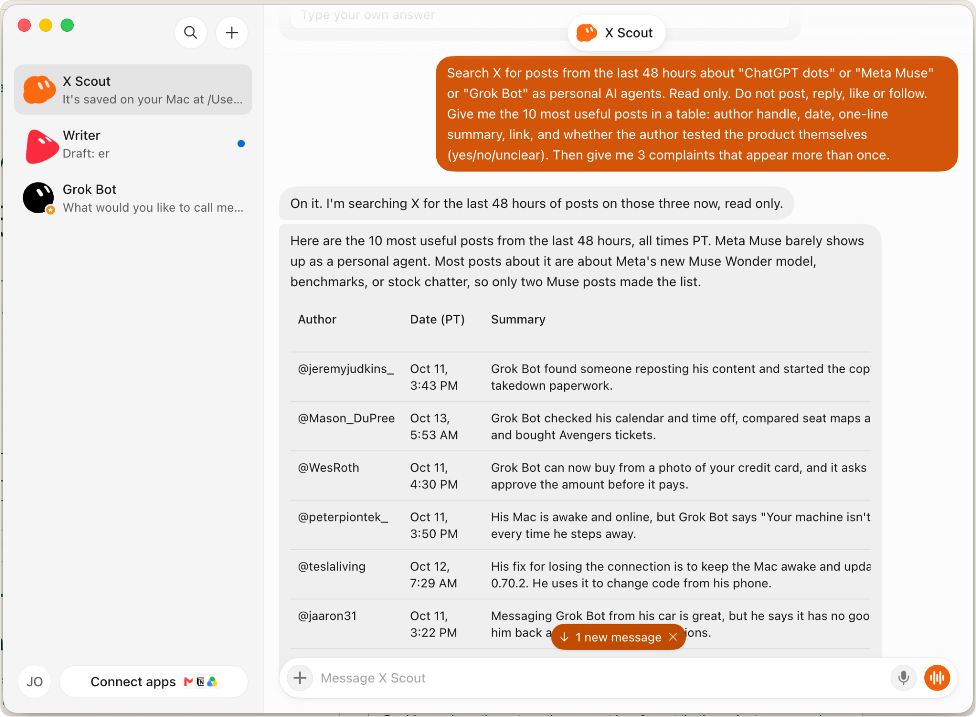 Grok Bot chat with the X Scout Bot showing a table of 10 X posts from October 11 to 13 about personal AI agents, with author handle, date, summary, link and whether the author tested the product.