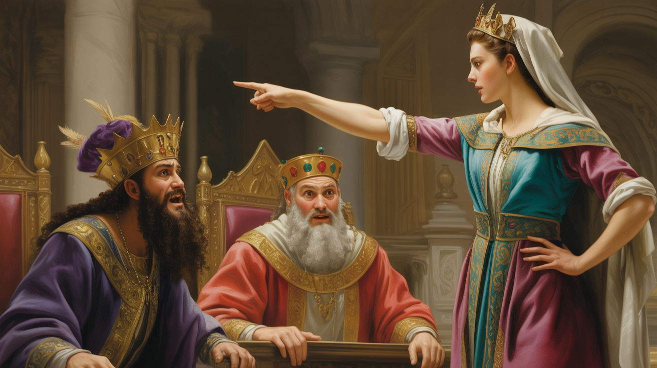 Illustration of Queen Esther standing before King Ahasuerus as he extends the golden scepter.